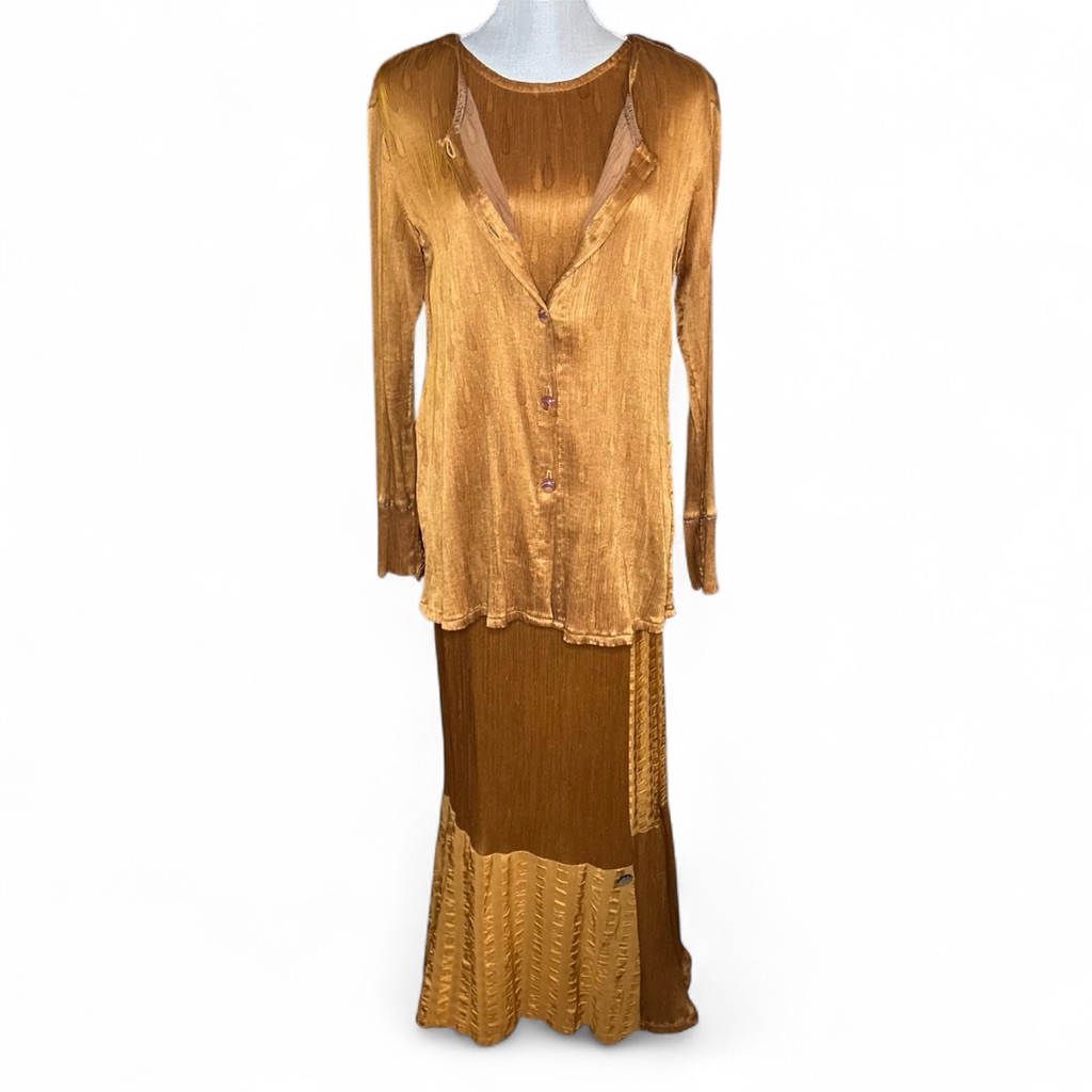 Bracci 100% Silk 3 Piece Set Medium Gold Maxi Loud Luxury Retro Glam Maximalist